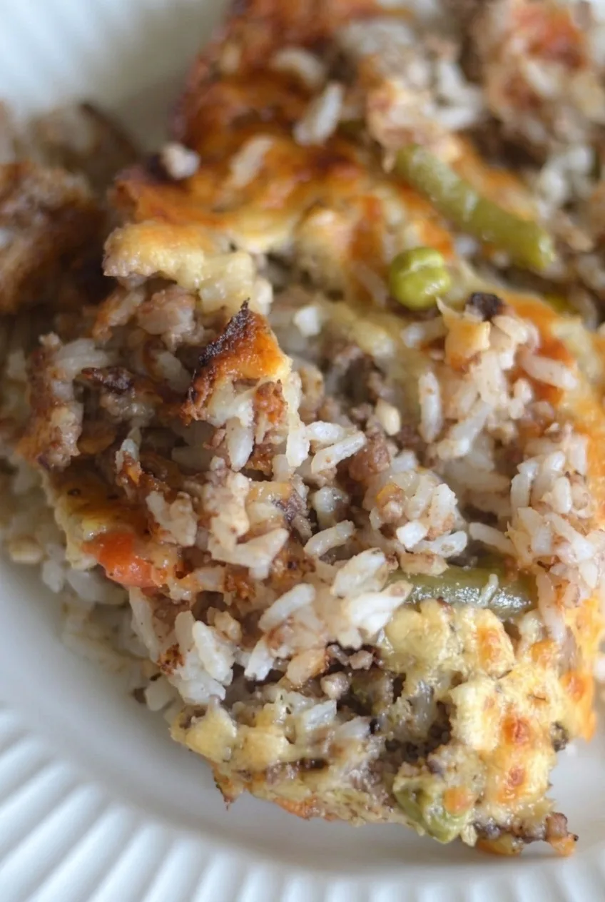 Close detail of ground beef and rice casserole showing distinct grains, beef crumbles, vegetables, and melted cheddar