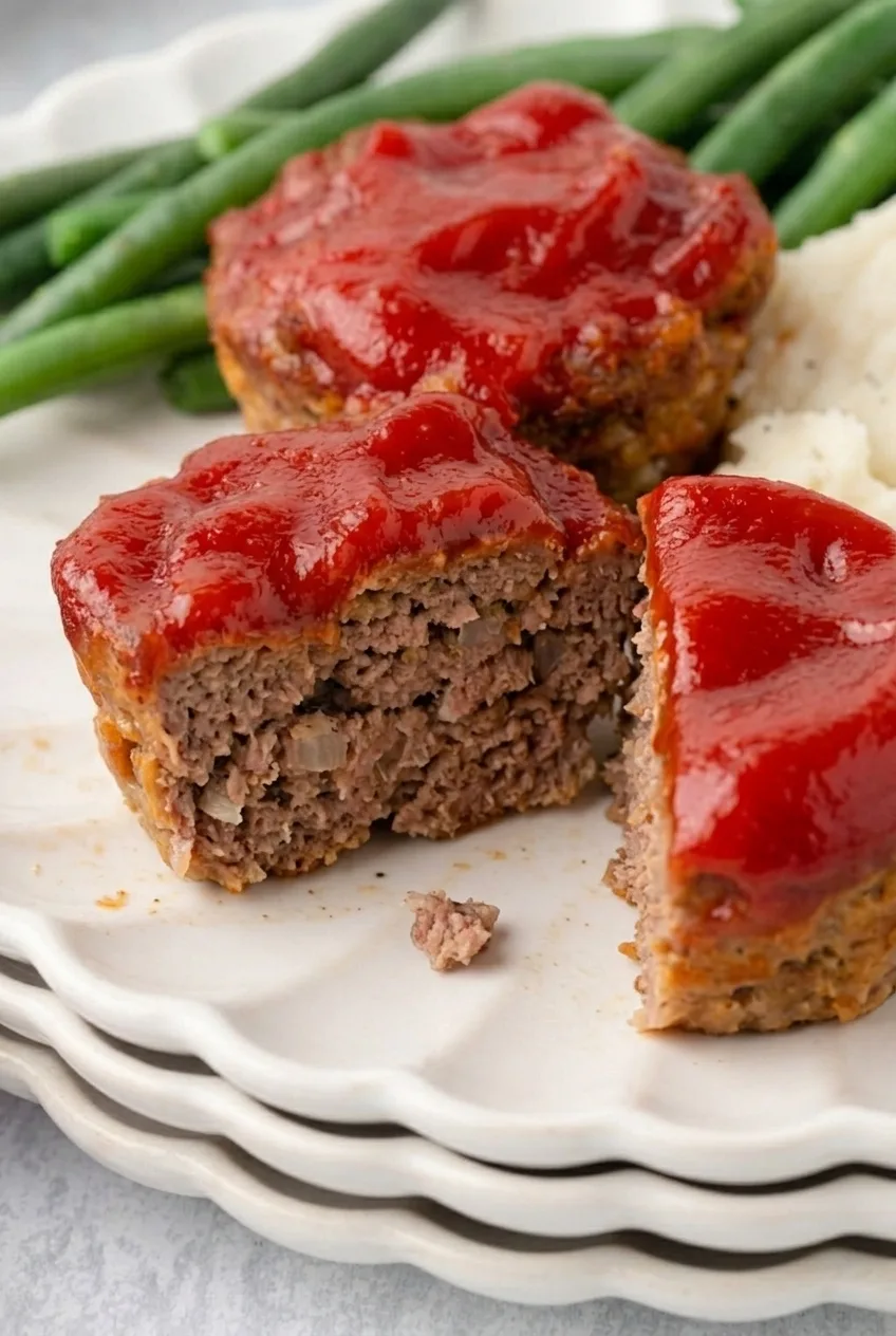 Close-up of a ketchup-glazed mini meatloaf muffin cut open to show its moist interior