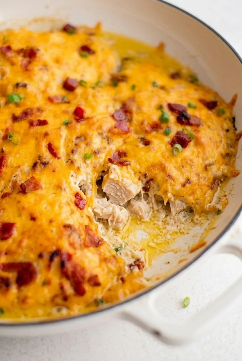 Close detail of creamy chicken, melted cheddar, bacon pieces, and green onion in crack chicken casserole