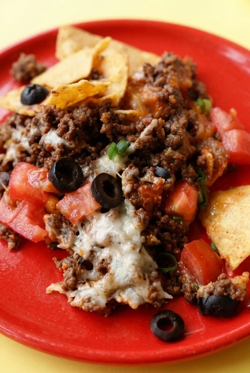 Close-up of taco casserole showing browned beef, melted cheese, softened tortilla chips, tomato, and black olives