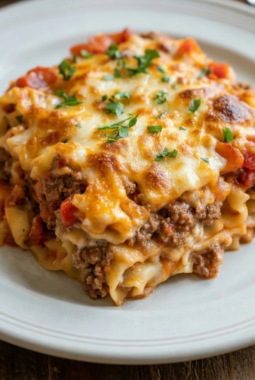 Close detail of Beef Lombardi Casserole showing melted cheese, tomato pieces, beef, and creamy egg noodles.