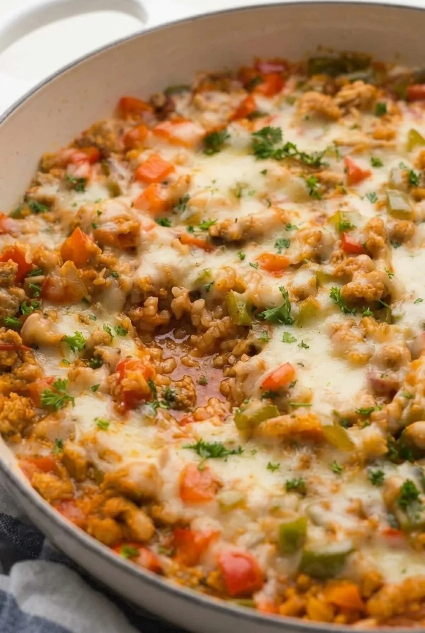 Close view of the casserole's tender tomato rice, browned beef, peppers, and melted mozzarella.