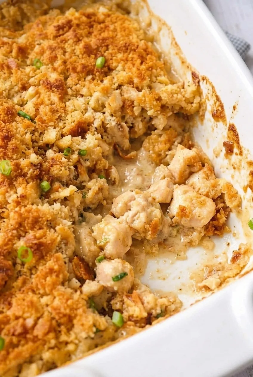 Close view of Million Dollar Chicken Casserole showing browned cracker crumbs and chunky chicken in creamy filling.