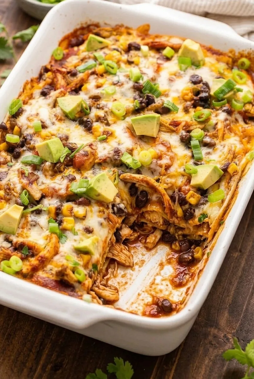 Close view of saucy chicken enchilada casserole layers with melted cheese, black beans, corn, and avocado