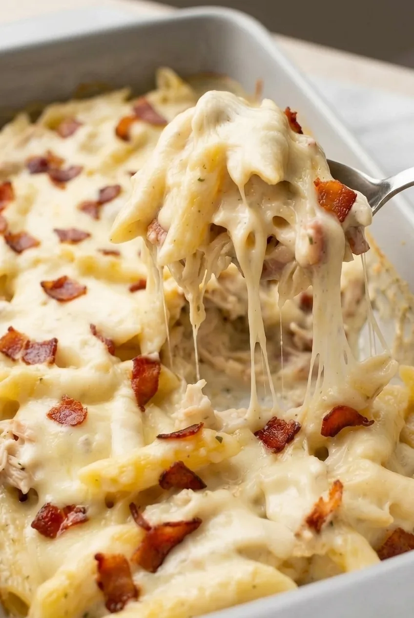 Close detail of creamy penne, chicken, crisp bacon, and stretchy melted mozzarella in Chicken Bacon Ranch Casserole