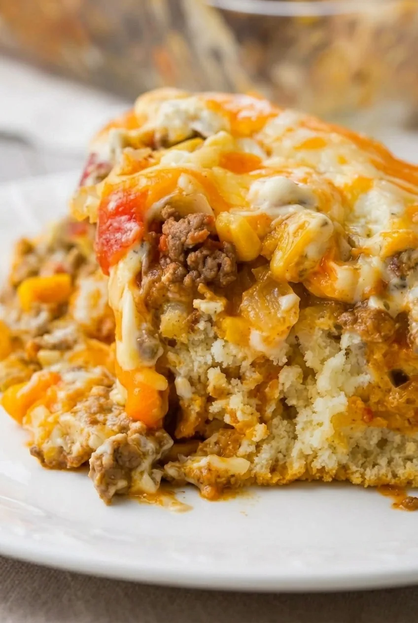 Close view of John Wayne Casserole layers, with crumbly biscuit crust, beef and vegetables, creamy cheese, and melted topping.