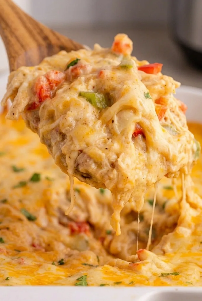 Close detail of creamy King Ranch chicken casserole with tender chicken, softened tortilla pieces, peppers, and stretchy melted cheese.