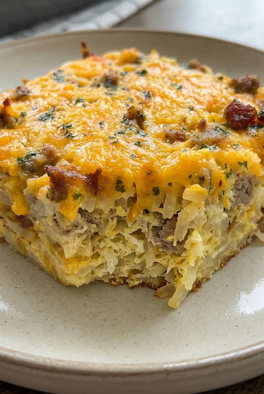 Close view of the set egg, shredded potato, sausage, and melted cheddar inside a casserole slice.