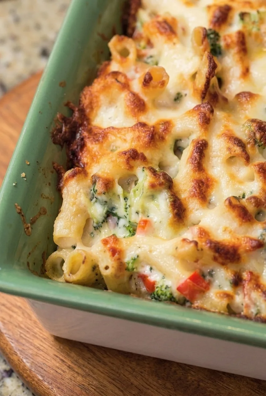 Close view of browned mozzarella over creamy chicken, penne and broccoli in the Alfredo bake
