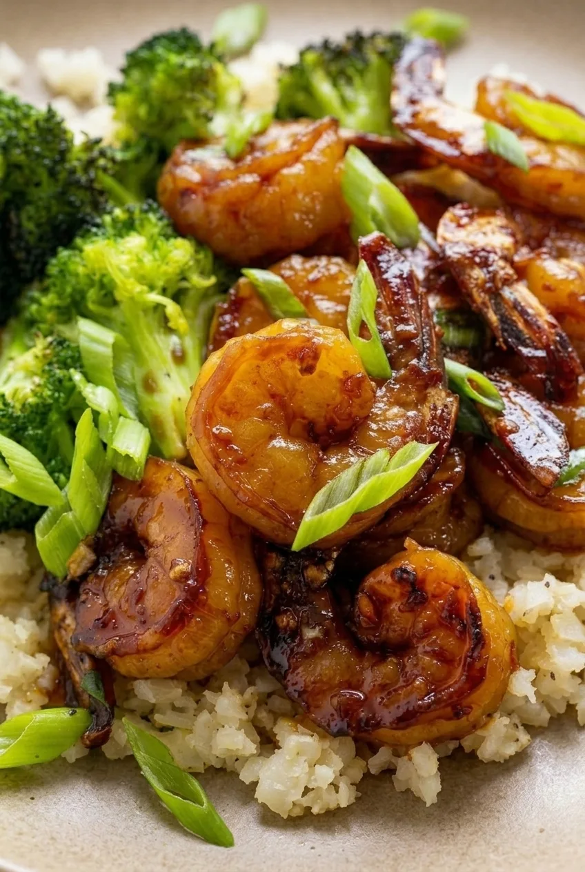 Close detail of glazed honey garlic shrimp with seared spots, tails, scallions, broccoli, and cauliflower rice.