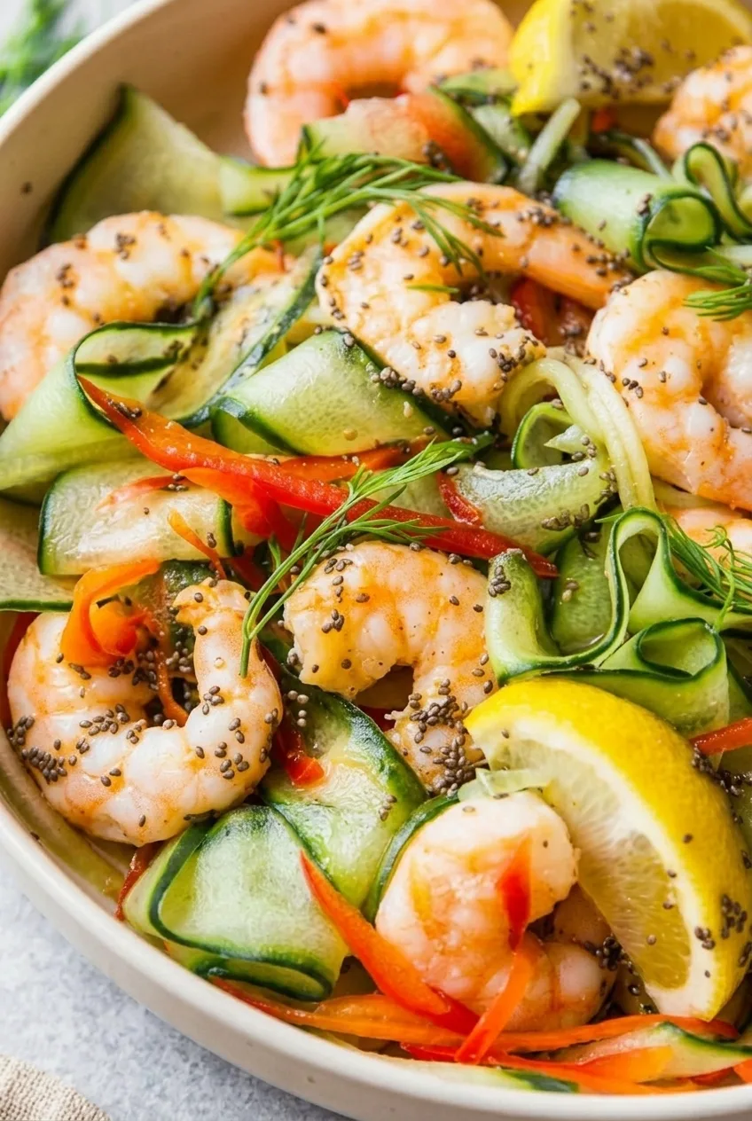 Close detail of cucumber shrimp salad showing chia-speckled dressing on whole shrimp and curled cucumber ribbons