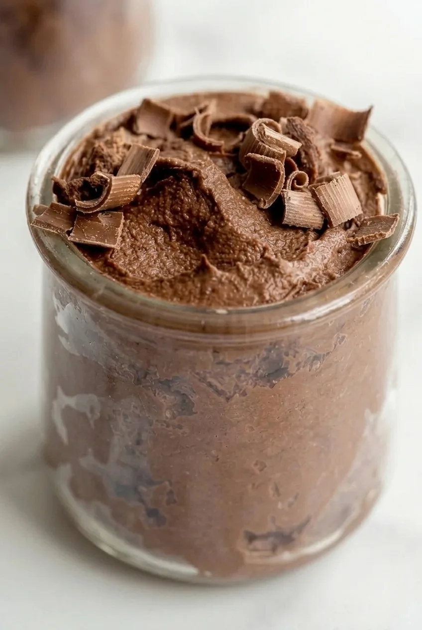 Close view of spoonable chocolate Greek yogurt pudding and curled chocolate shavings on its softly textured surface.