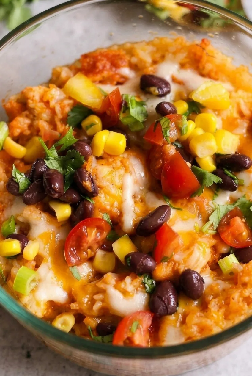 Close-up of chicken enchilada bowl showing saucy rice, tender chicken, melted cheese, black beans, corn, and fresh toppings