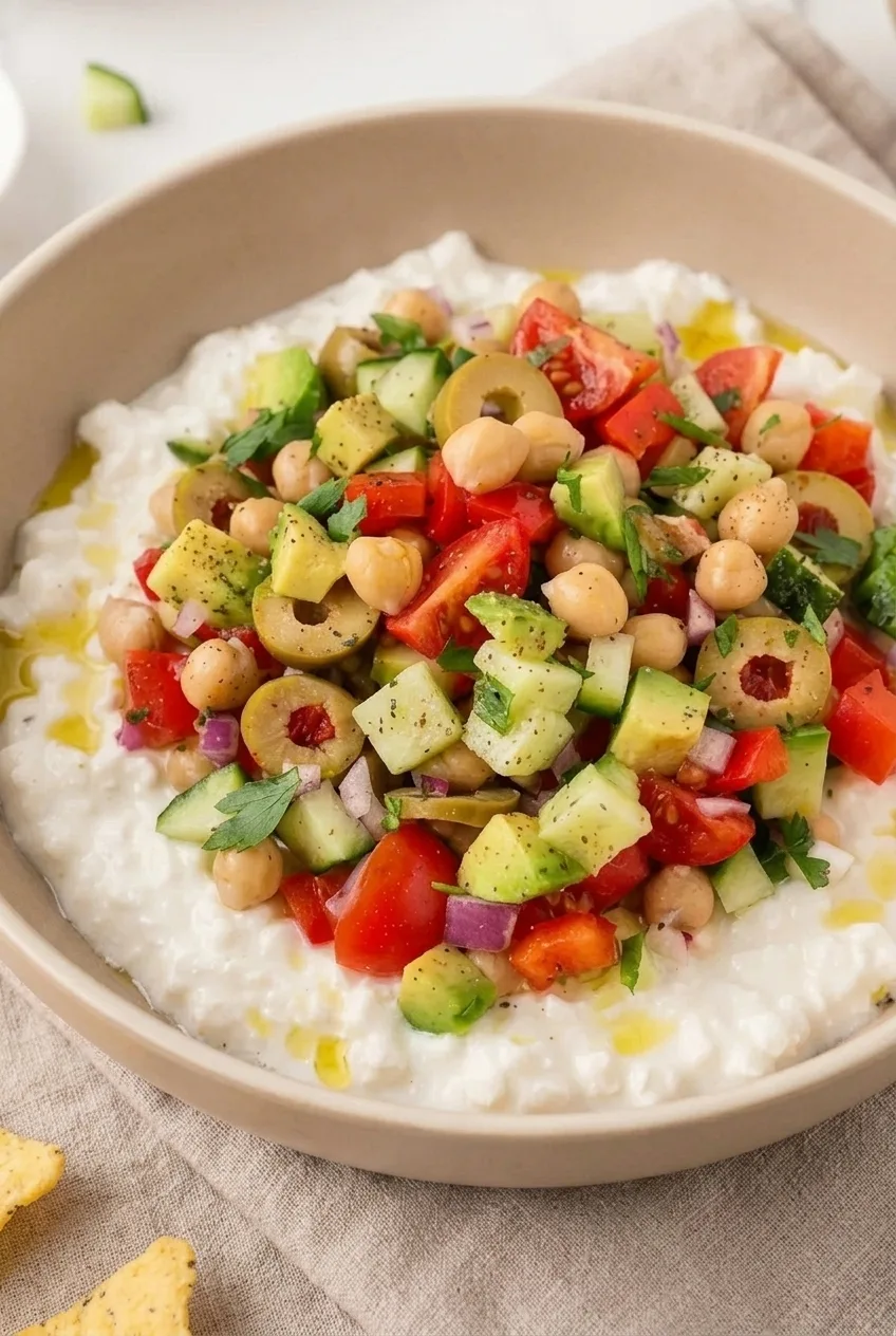 Close view of chickpeas, cucumber, tomatoes, avocado, and olives over curdy cottage cheese.