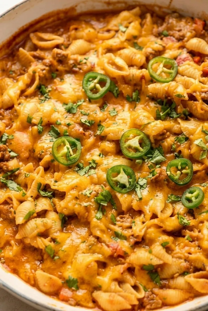 Close detail of High-Protein Taco Pasta showing saucy shells, crumbled beef, melted cheddar, jalapeño, and cilantro