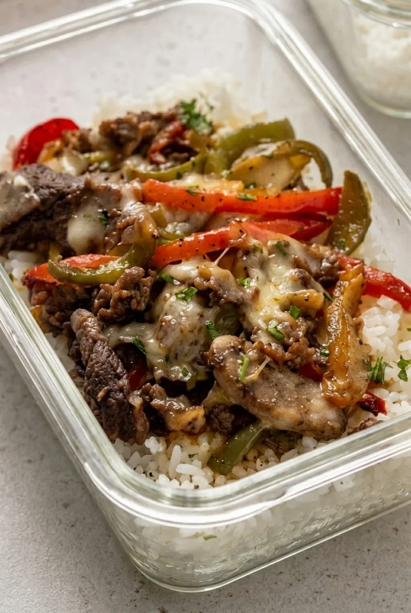 Close view of melted provolone, browned beef, peppers, mushrooms, and distinct rice grains in a cheesesteak bowl