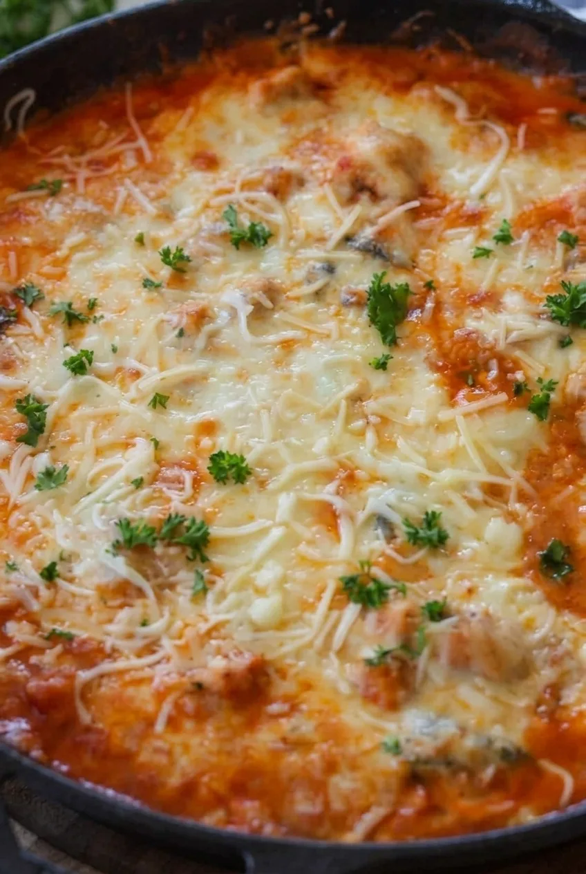 Close view of melted mozzarella, Parmesan, parsley, marinara, and chicken in the casserole