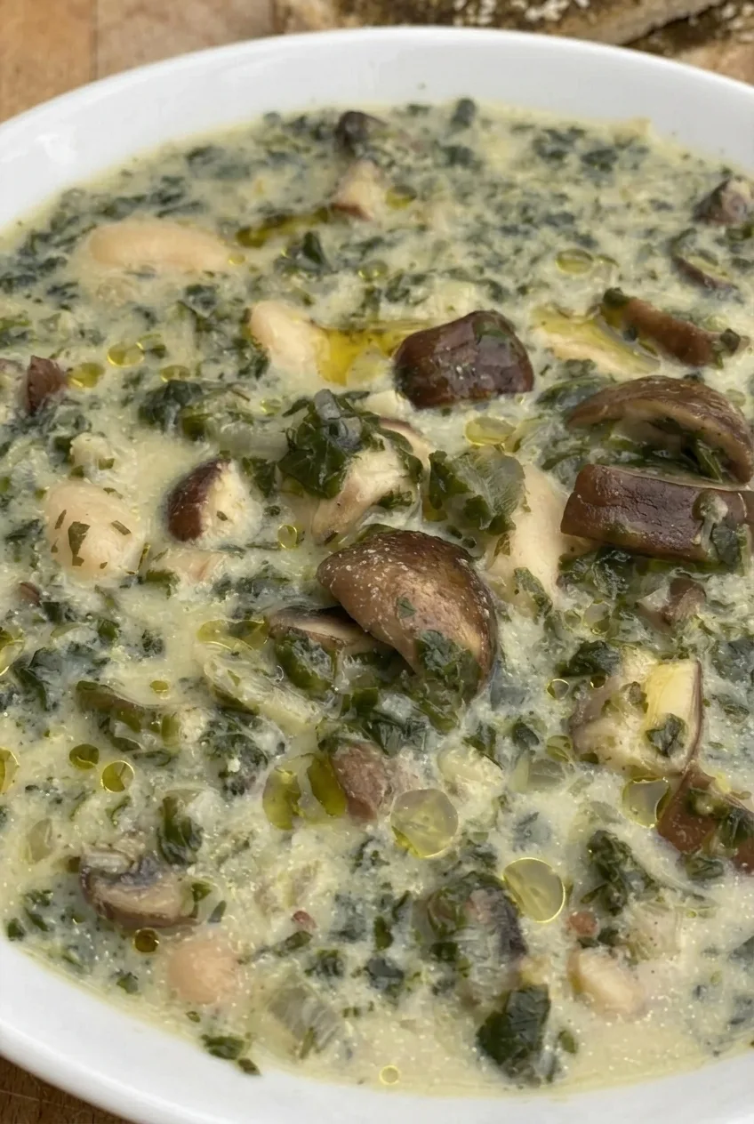 Close detail of creamy white bean soup with whole beans, browned mushrooms, spinach, and olive-oil droplets