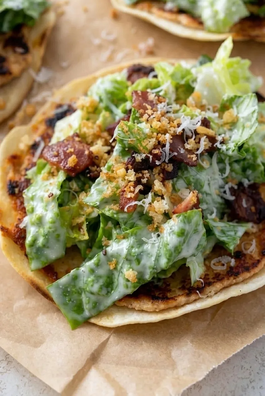 Close detail of browned chicken edges beneath Caesar romaine, bacon, toasted crumbs, and Parmesan on a taco
