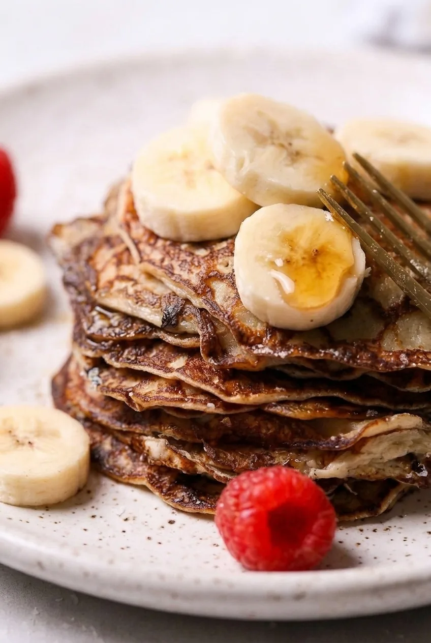 Close view of the thin browned layers and banana-topped stack of cottage cheese pancakes with syrup