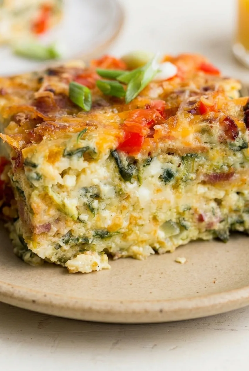 Close view of the tender spinach, red pepper, and bacon-filled interior beneath browned cheddar