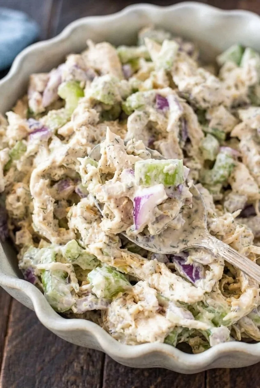 Close-up of thick Greek yogurt chicken salad coating chicken, celery, and red onion