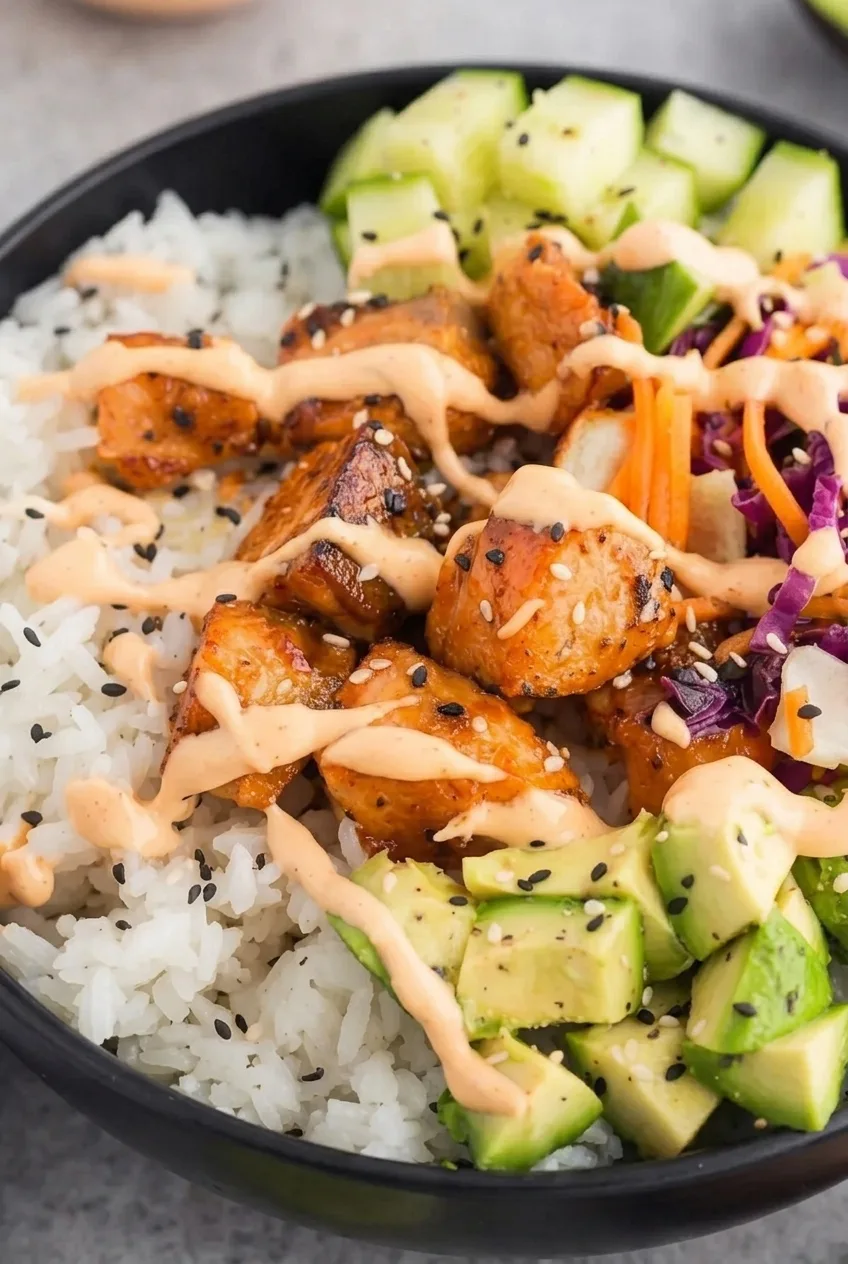 Close detail of glossy glazed salmon cubes, sesame seeds, creamy sriracha mayo, and fresh toppings in a salmon rice bowl
