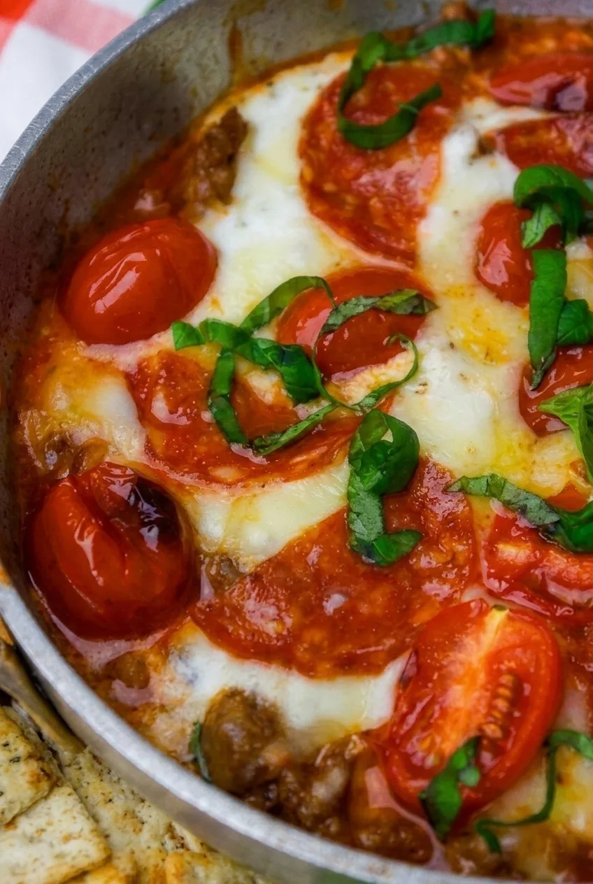 Close view of the pizza bowl’s melted mozzarella, pepperoni, tomato halves, sausage crumbles, and fresh basil