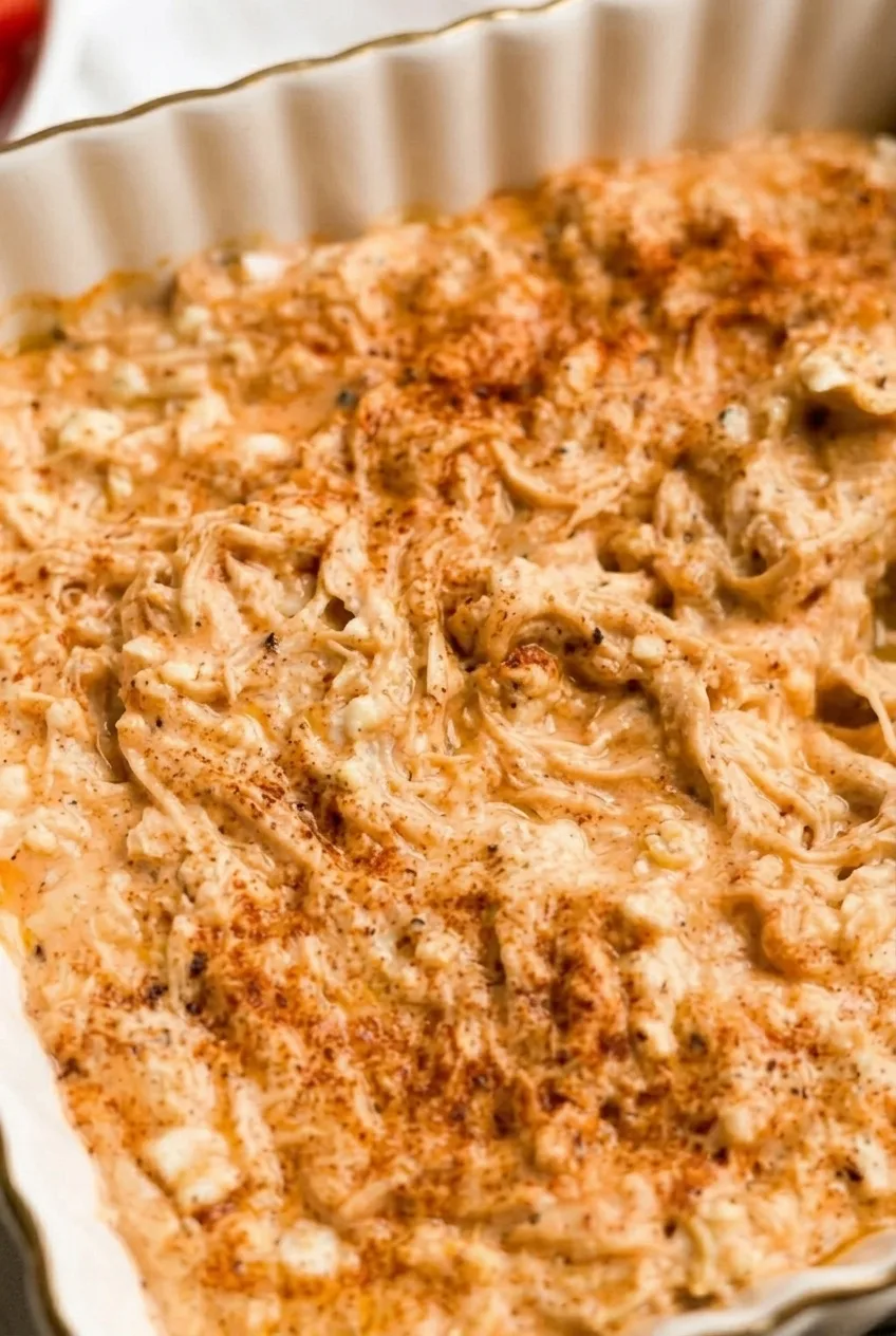 Close detail of creamy buffalo chicken dip showing shredded chicken, paprika, and a scoopable texture.