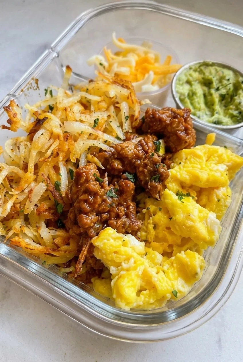 Close view of crisp-edged shredded hash browns, soft eggs, and saucy turkey in a breakfast burrito bowl