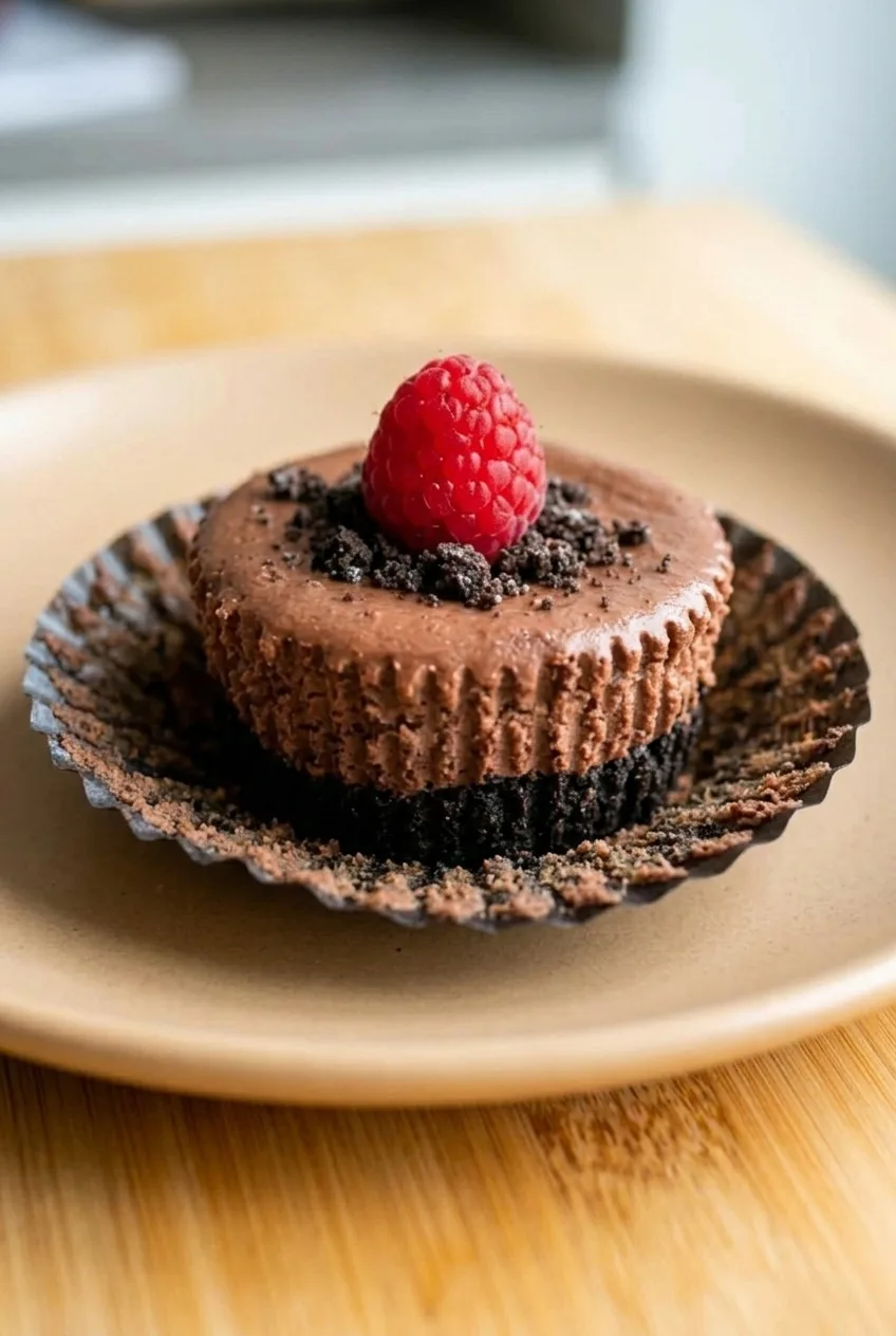 Close detail of a chocolate cheesecake cup showing its dark cookie crust, smooth filling, crumbs, and raspberry