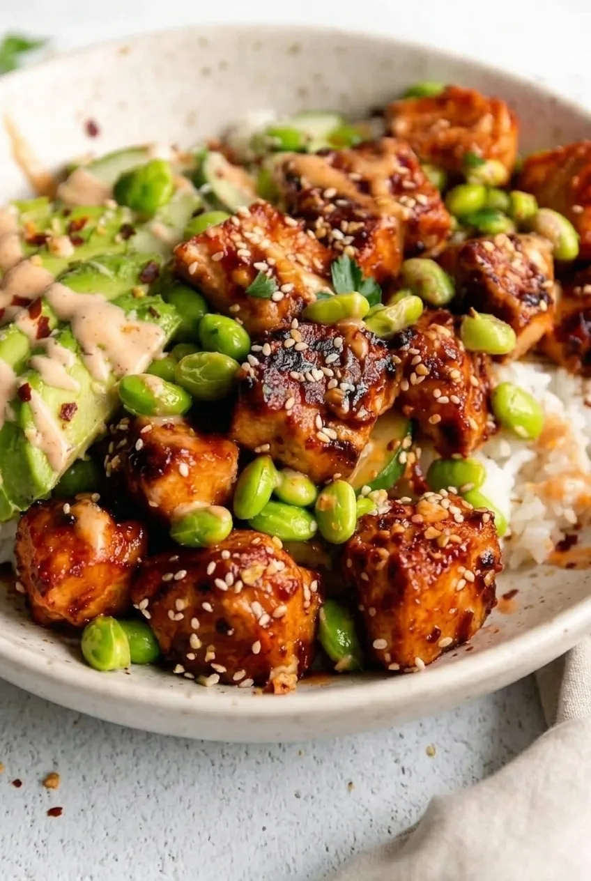 Close view of glossy honey sriracha salmon bites with sesame seeds, chili flakes, and fresh bowl toppings
