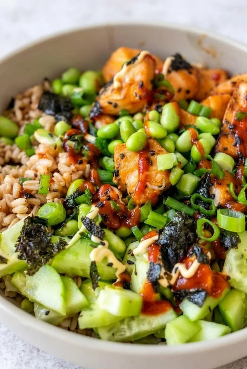 Close-up of glossy teriyaki salmon cubes, brown rice grains, cucumber, edamame, and sauce drizzles