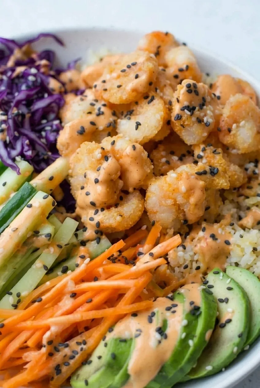 Close view of crispy shrimp with orange spicy mayo and sesame seeds beside fresh vegetables over rice