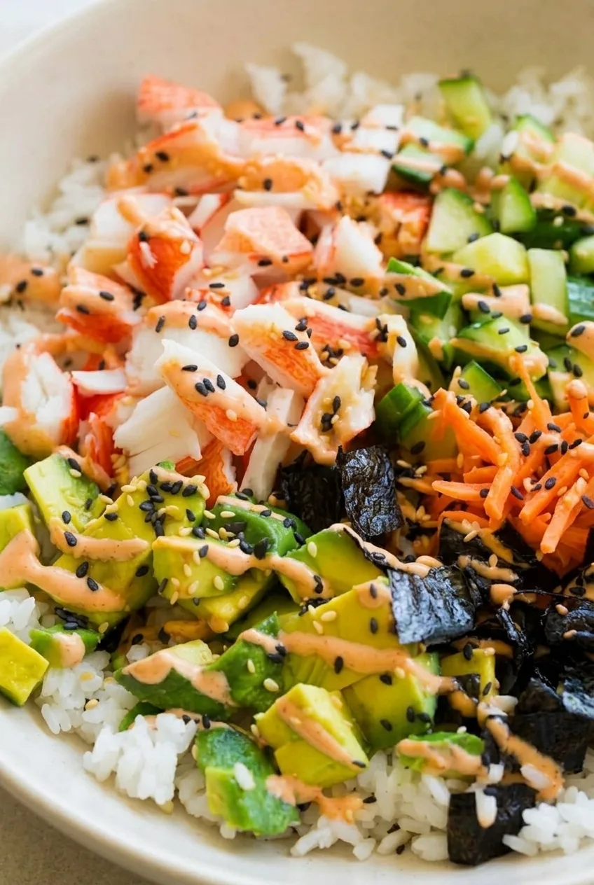 Close-up of California roll sushi bowl toppings, spicy mayo, sesame seeds, and tender rice grains