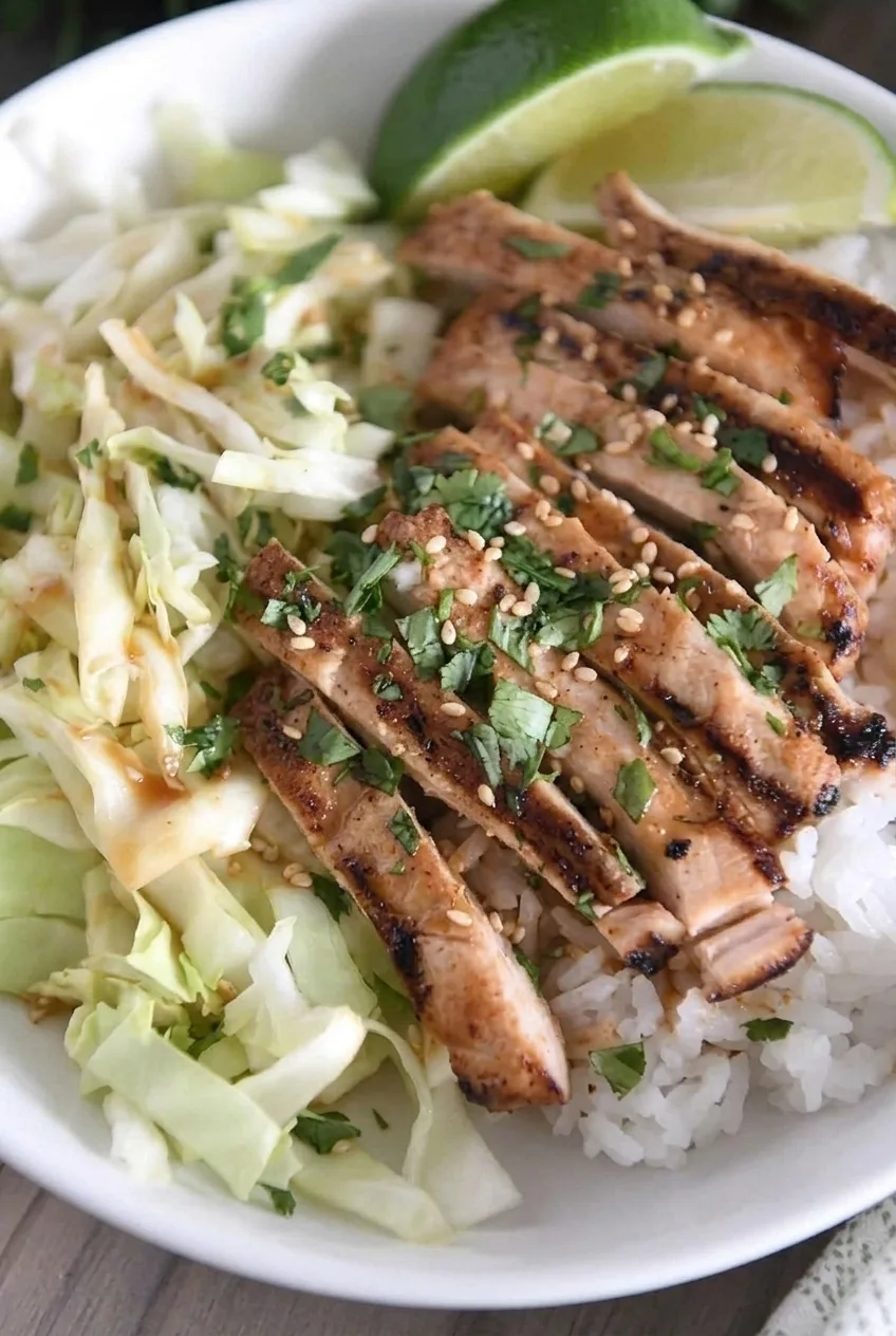 Close view of glossy grilled chicken slices with sesame, rice grains, and crisp cabbage in a honey ginger chicken bowl