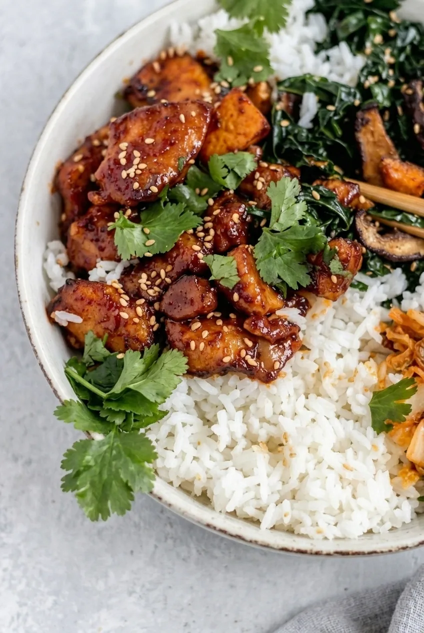 Close detail of glossy gochujang chicken beside fluffy rice, roasted sweet potato, kale, and kimchi