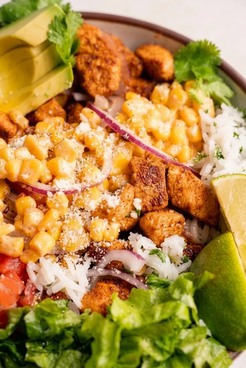 Close view of browned chicken, creamy cotija corn kernels, and fluffy rice in a street corn chicken rice bowl