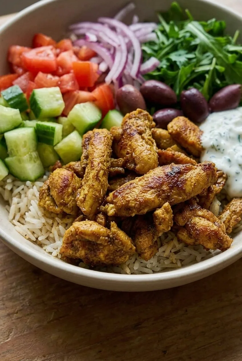 Close detail of browned shawarma chicken over basmati rice with cucumber, tomato, greens, and yogurt-herb sauce
