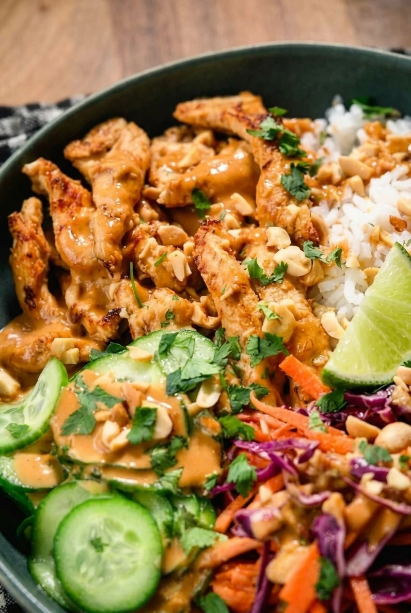 Close detail of peanut sauce on browned chicken beside rice, cucumber, and crunchy cabbage-carrot slaw