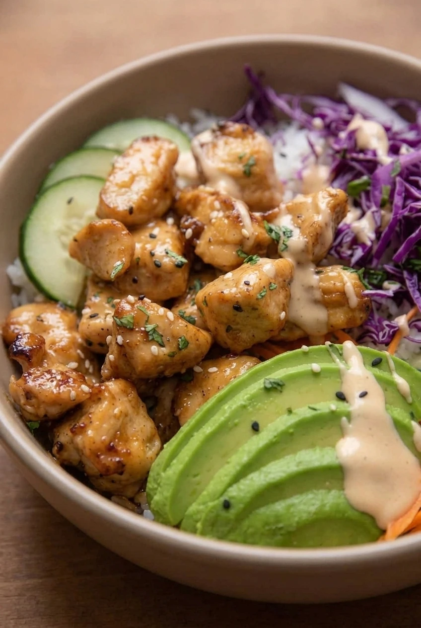 Close-up of browned bang bang chicken with creamy sauce, sesame seeds, rice, and fresh vegetable toppings