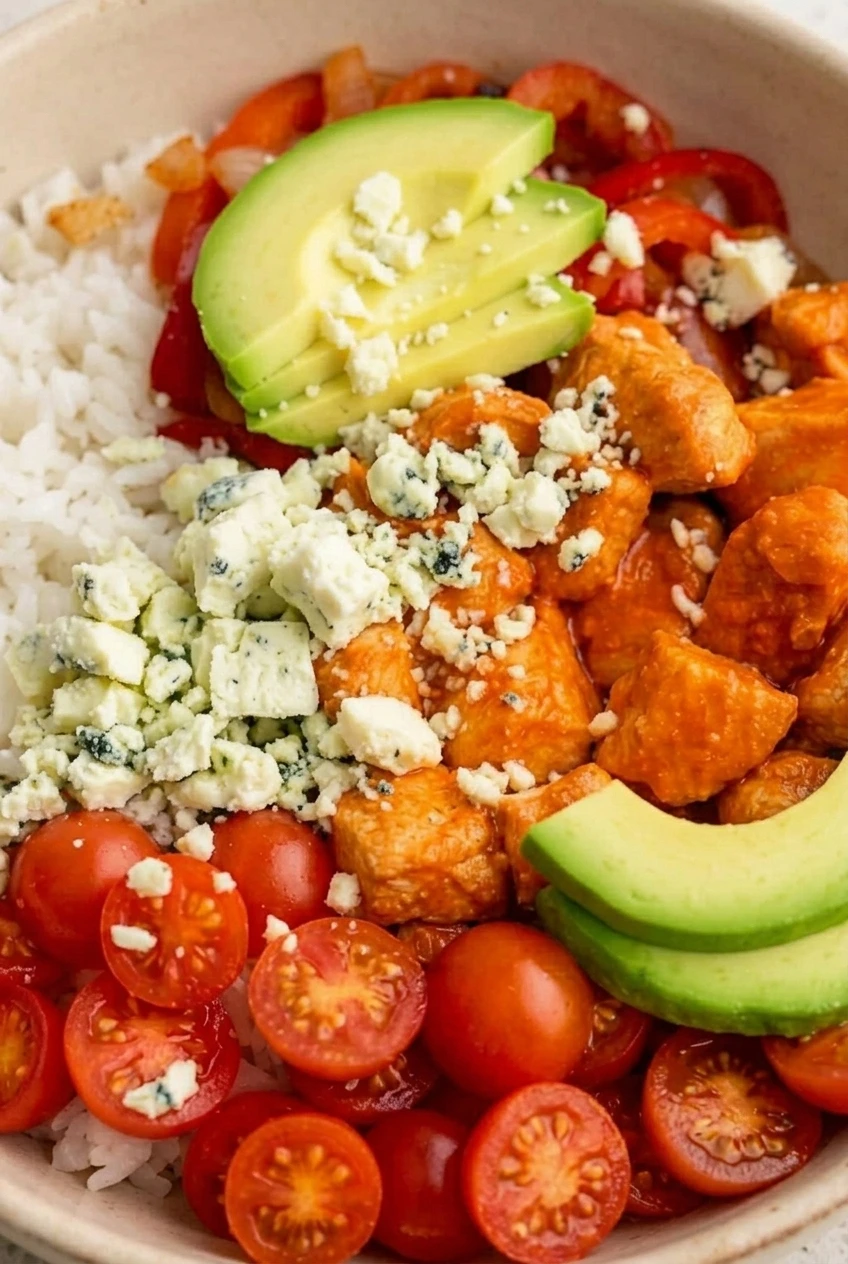 Close detail of glossy buffalo chicken with fluffy rice, sautéed peppers, fresh avocado, tomatoes, and blue cheese.