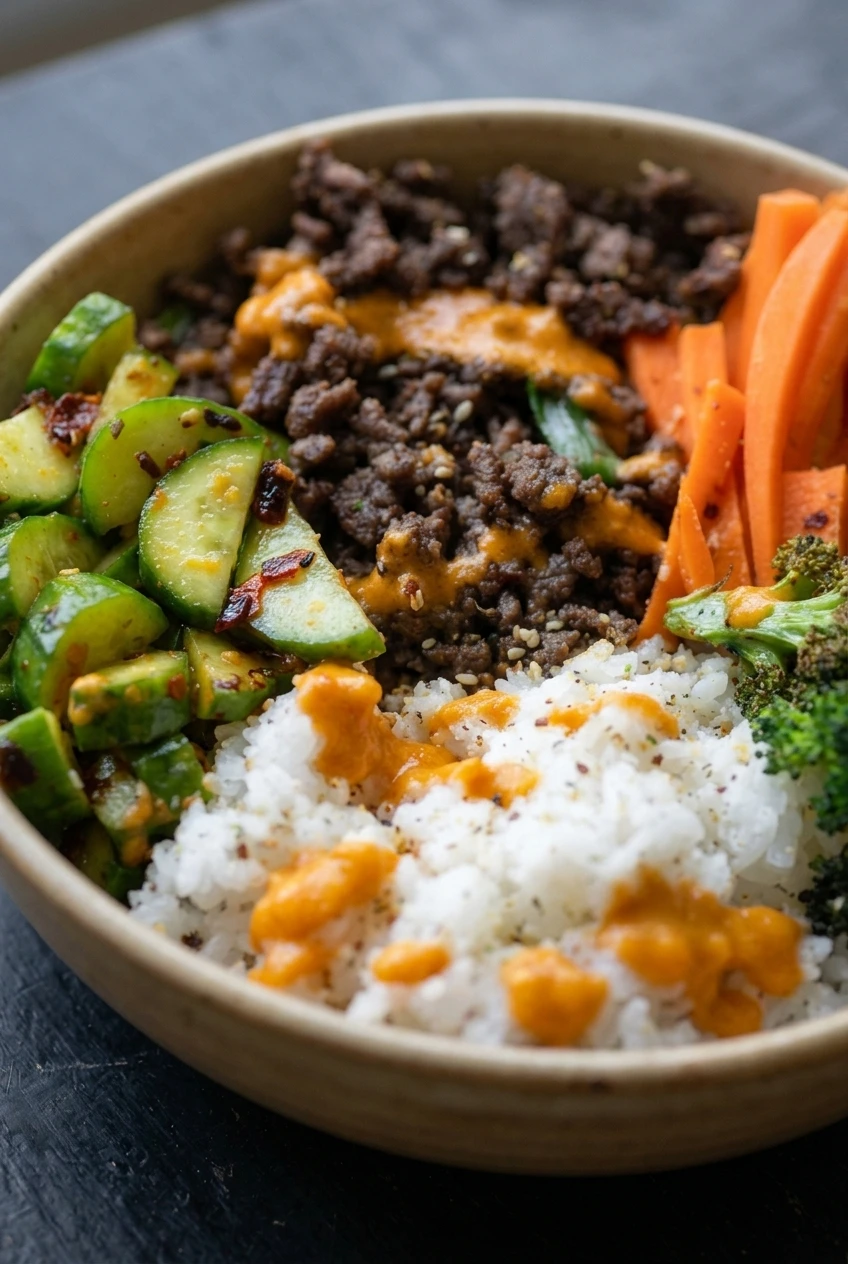 Close view of glossy beef crumbles, fluffy rice, browned broccoli, cucumber, and creamy orange sauce