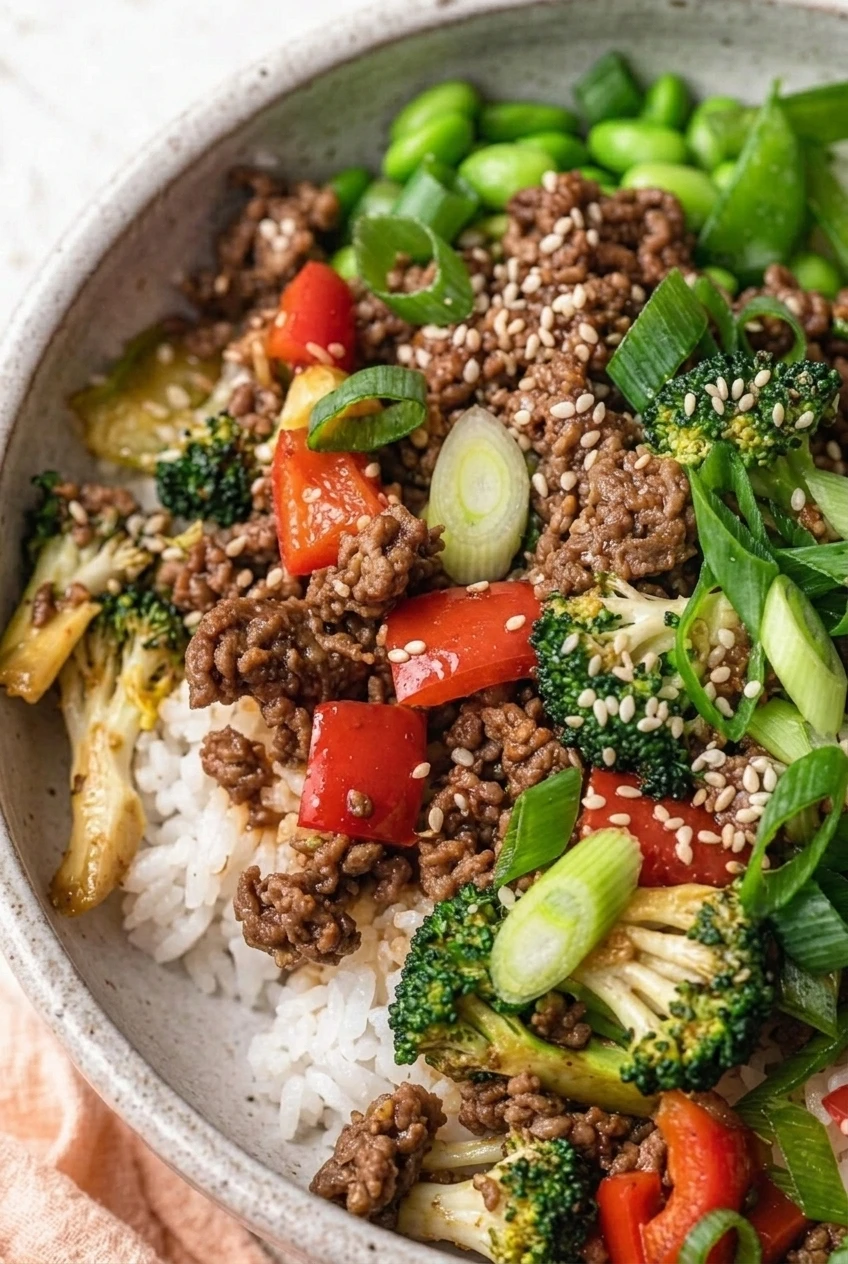 Close view of glossy ground beef, crisp vegetables, sesame seeds, and green onions over rice in a beef teriyaki bowl