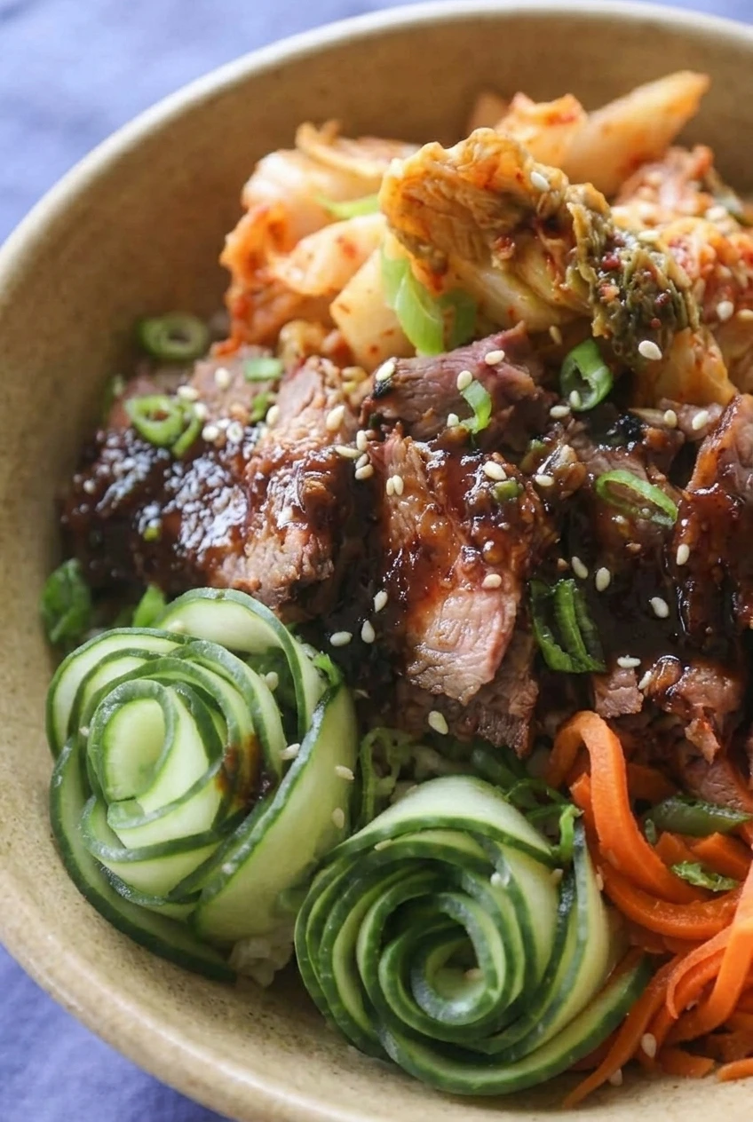 Close detail of glossy Korean BBQ steak with sesame and scallions beside cucumber coils and fine carrot strands