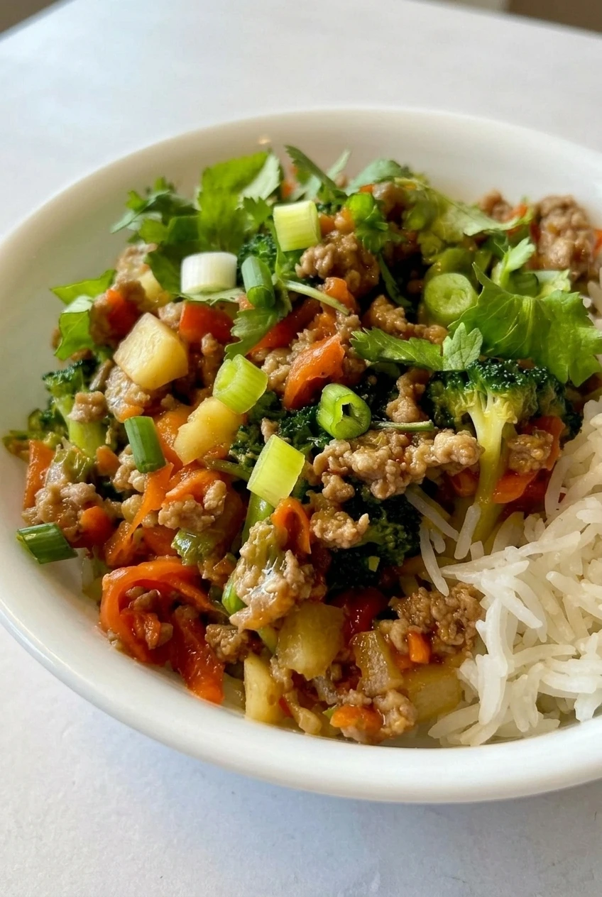 Close view of glossy teriyaki turkey crumbles, broccoli, pineapple, and fresh garnish beside white rice