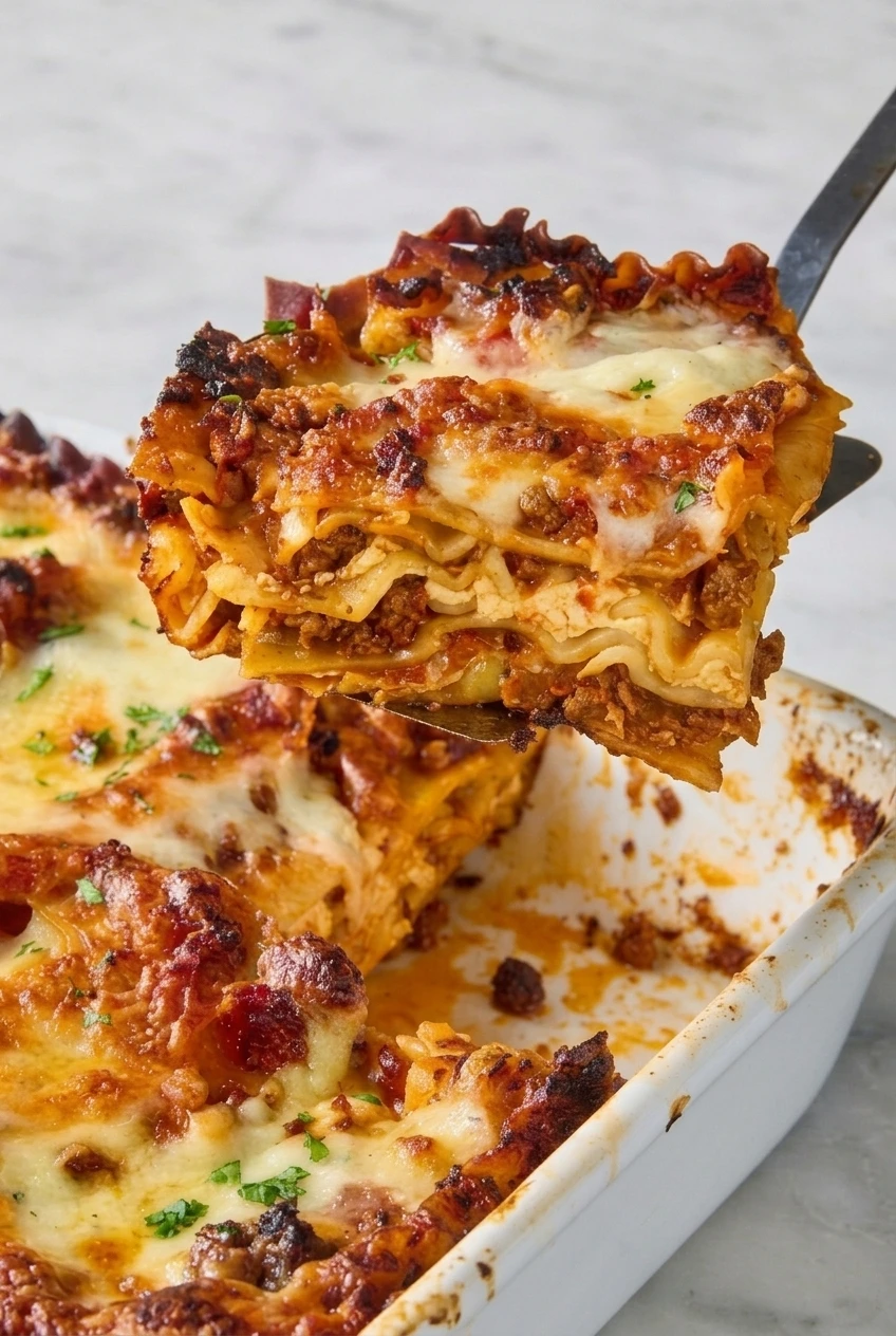 Close view of a lifted beef lasagna slice showing ruffled pasta, beef-tomato sauce, creamy cheese layers, and browned mozzarella.