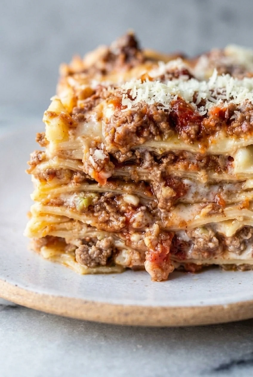 Close detail of the tender pasta, meat ragù, creamy béchamel, and browned Parmesan layers in Lasagna Bolognese
