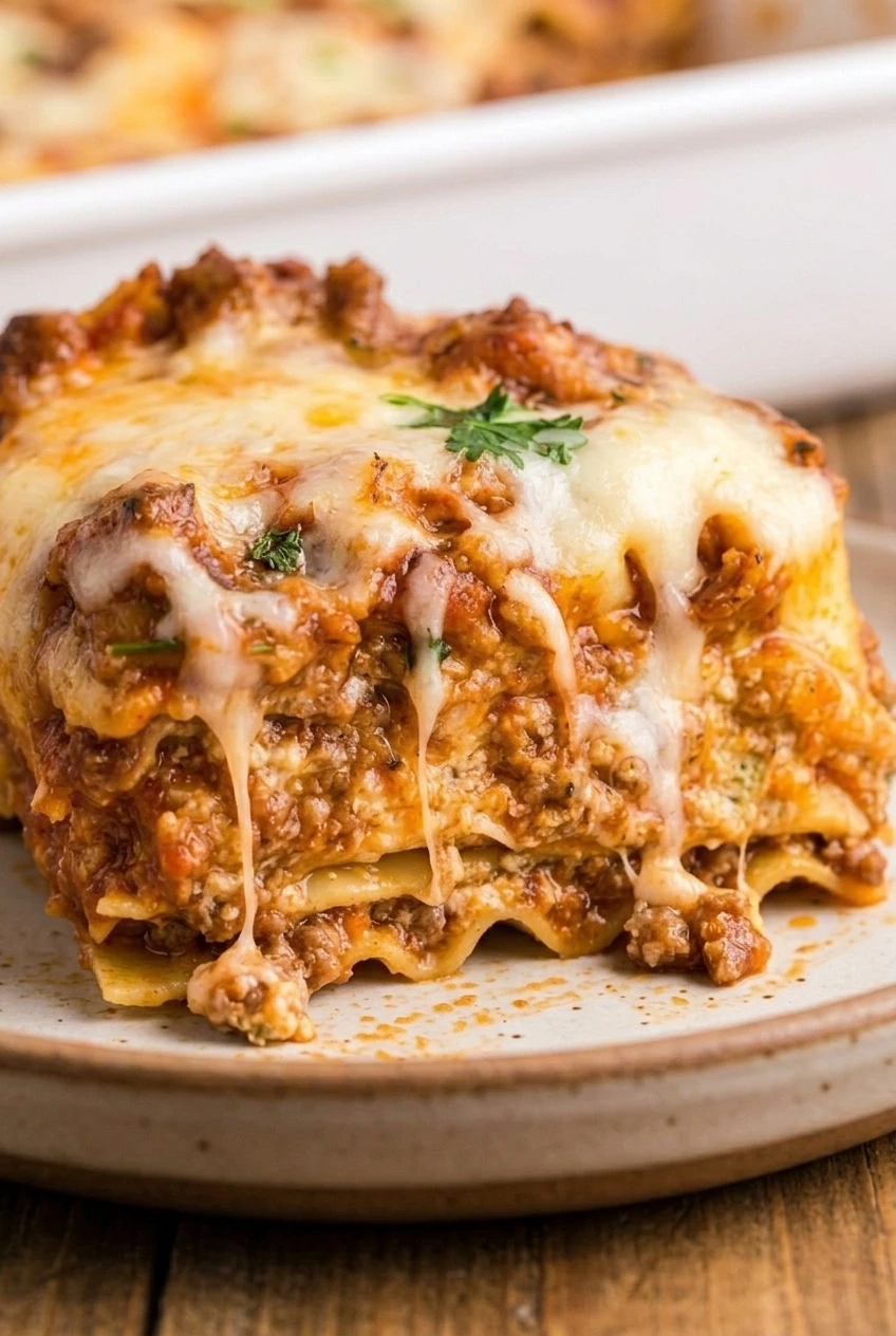 Close detail of tender lasagna layers with chunky beef sauce, creamy cheese, and melted mozzarella.