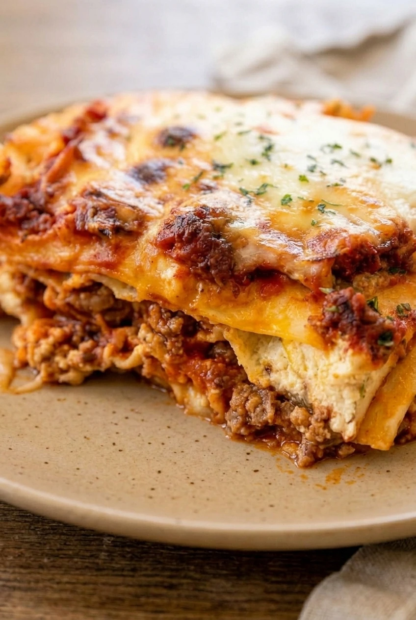 Close view of browned mozzarella and the creamy cheese, sausage sauce, and pasta layers in Million Dollar Lasagna.